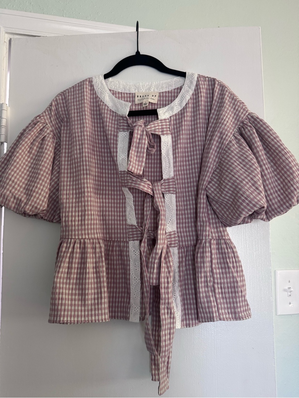 Gingham Tie-Front Peplum Blouse — Dusty Pink